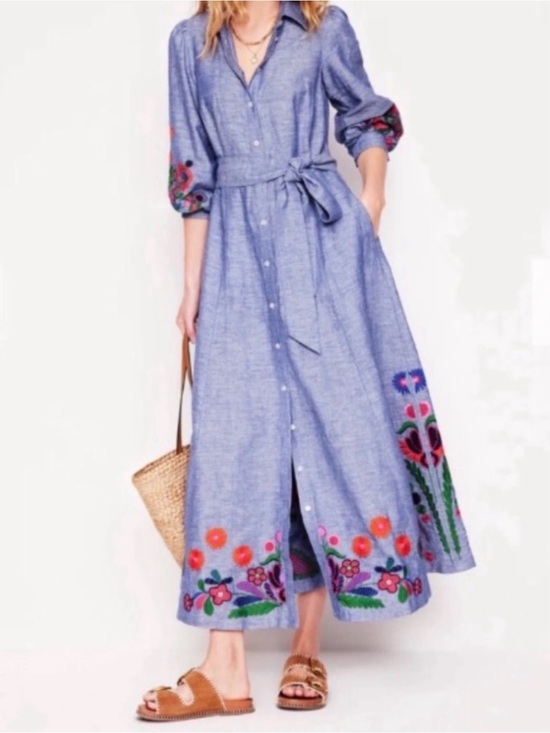 Boden Dresses & Skirts - Boden dress NWT US12 Blue Embroidered Button-Front Clara dress linen blend